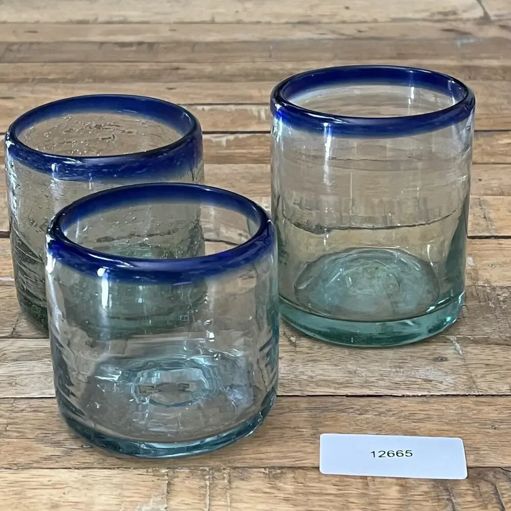 Hand-Blown Mexican Short Tumblers Set of 3 Clear Blue Rim